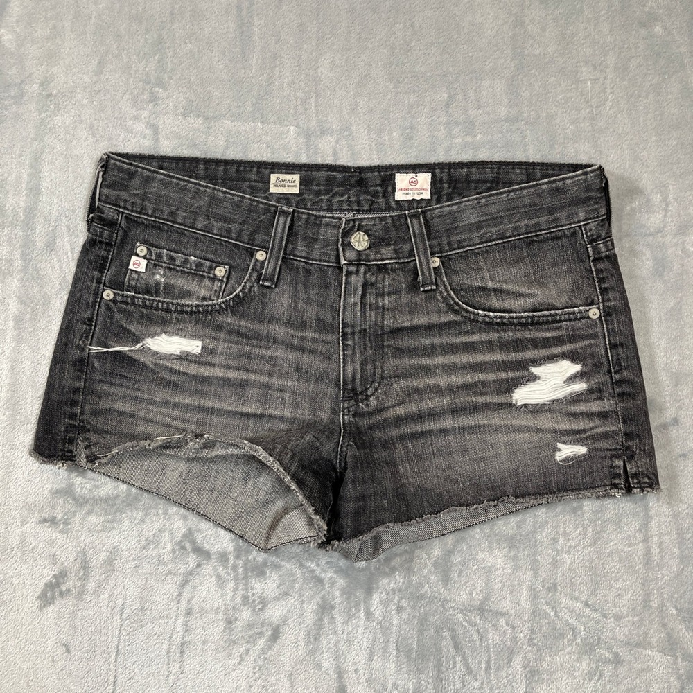 AG Adriano Goldschmied Bonnie Relaxed Distressed Denim Shorts Black 29 USA